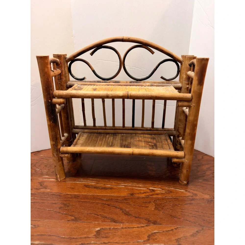 Vintage Burnt Bamboo Folding Wall Shelf Tortoiseshell Mini Boho Rattan Etagere